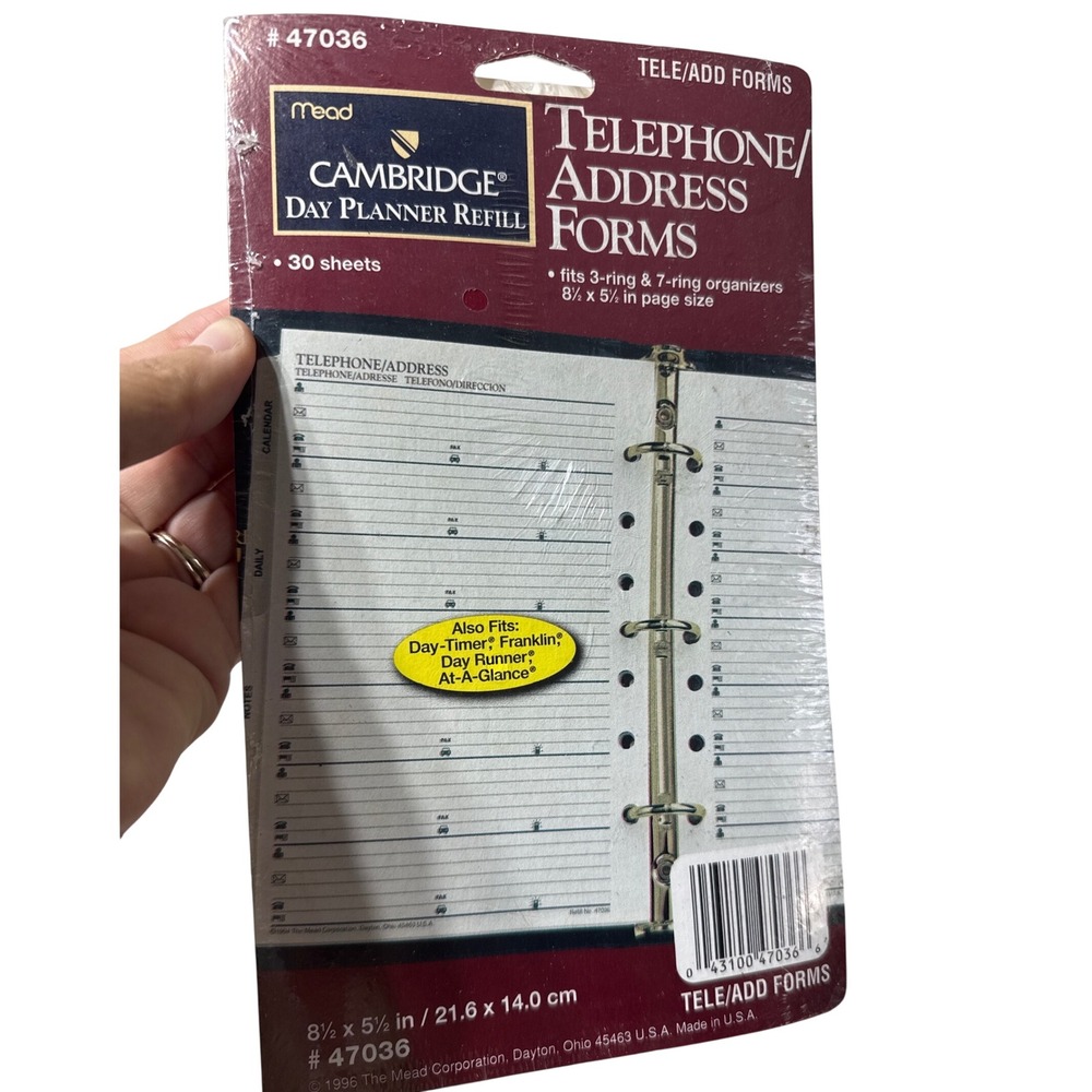 Mead Cambridge Day Planner Refill 47036 Telephone Address Forms 30 Sheets 1996